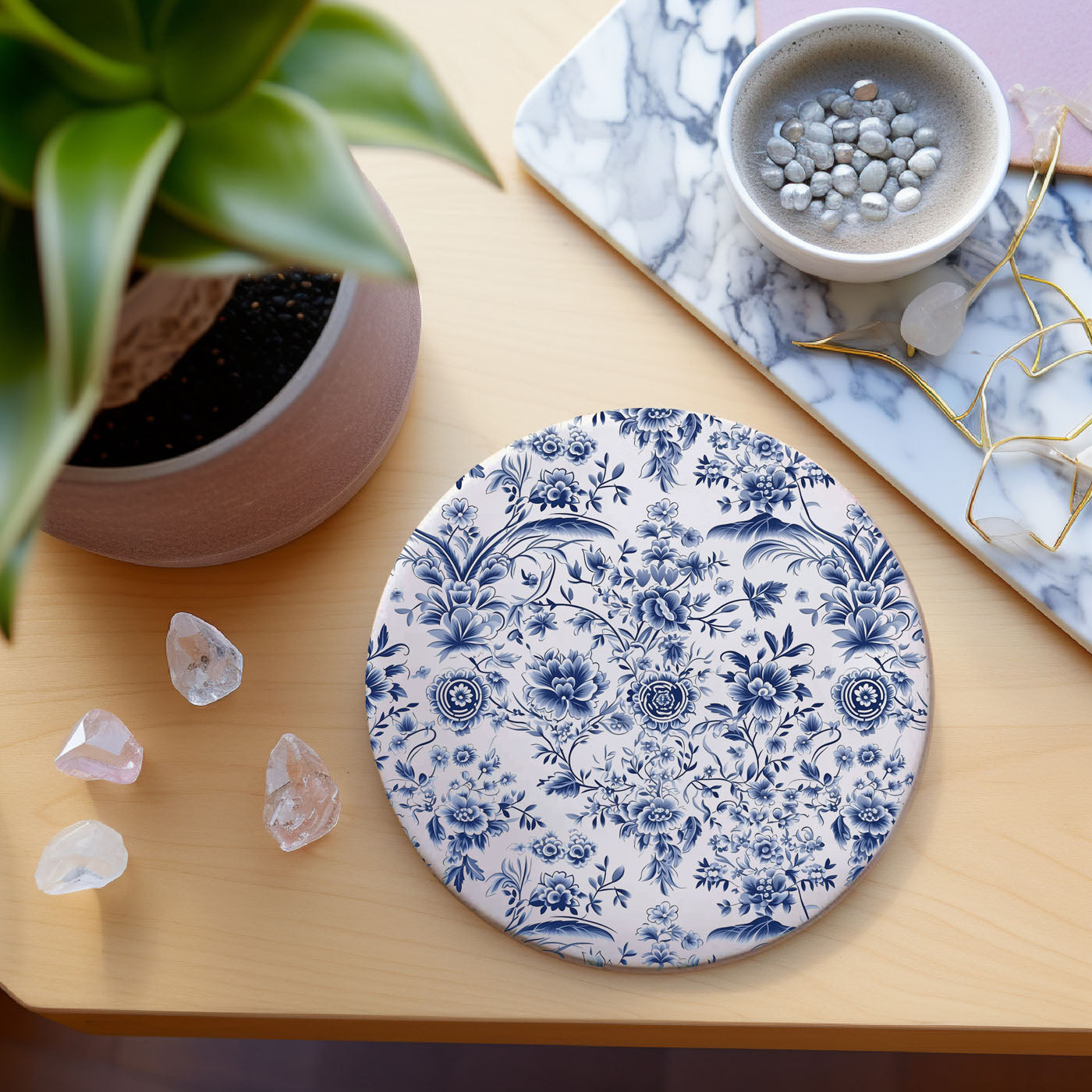 Cork-backed blue and white ceramic coasters close-up
4-inch round Chinoiserie coasters with protective base
Dishwasher safe Asian inspired ceramic coasters
Premium quality blue and white coaster construction